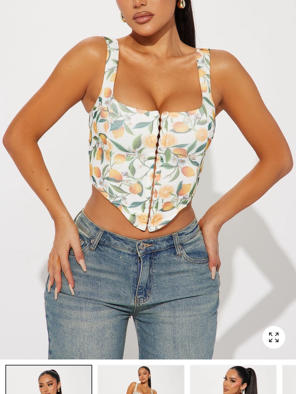 Fashion Nova White Corset Tank Top with Lemon Floral Print